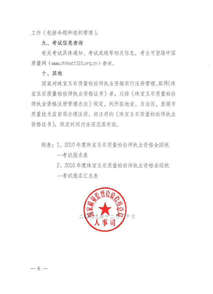 國(guó)家質(zhì)量監(jiān)督檢驗(yàn)檢疫總局人事司《關(guān)于2010年度珠寶玉石質(zhì)量檢驗(yàn)師執(zhí)業(yè)資格全國(guó)統(tǒng)一考試有關(guān)問題的通知》